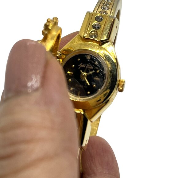 VINTAGE GOLD CROWN ORNATE GOLD TONE RHINESTONES CUFF BRACELET WATCH AS IS - Picture 15 of 16
